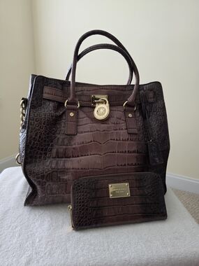 Michael Kors Dark Brown Croc-Embossed Leather Tote with Wallet